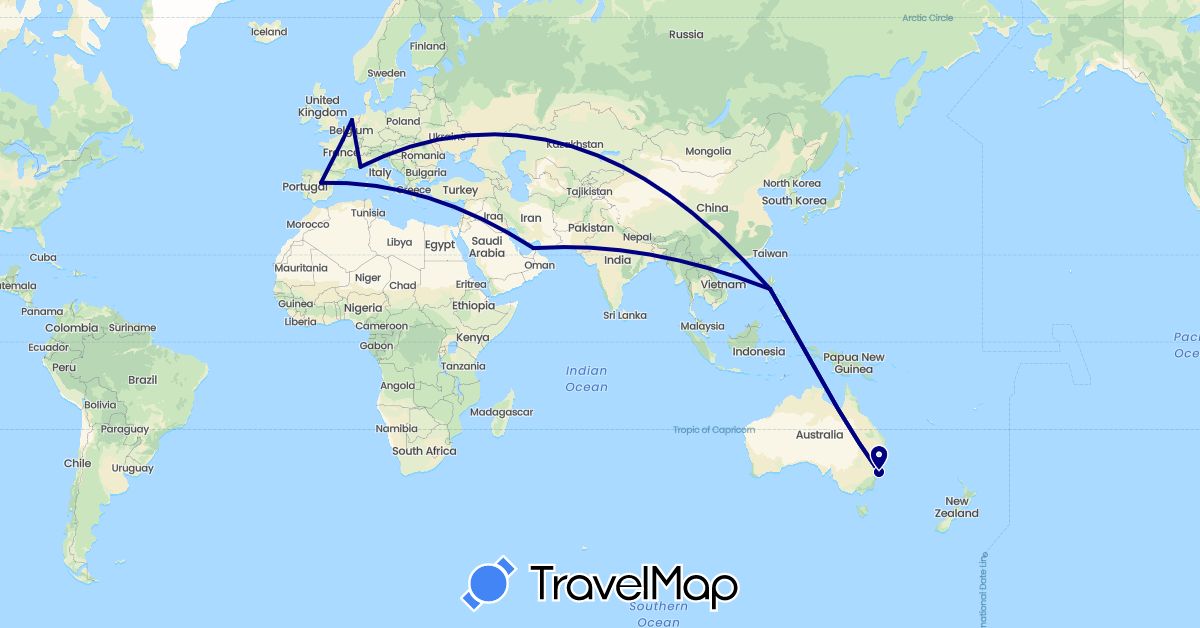 TravelMap itinerary: driving in United Arab Emirates, Australia, Spain, France, Netherlands, Philippines (Asia, Europe, Oceania)